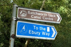 Signs pointing to Batchworth Lock Canal Centre and Ebury Way in Rickmansworth.